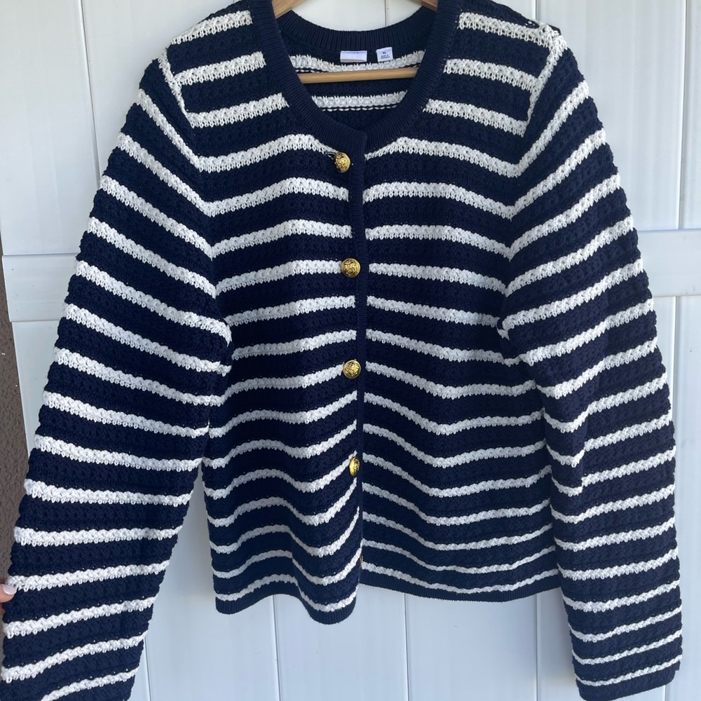 Striped Navy and White Cardigan with Gold Buttons